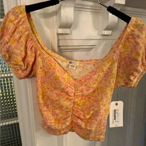 Billabong off the shoulder short sleeve crop top orange and pink sz med NEW